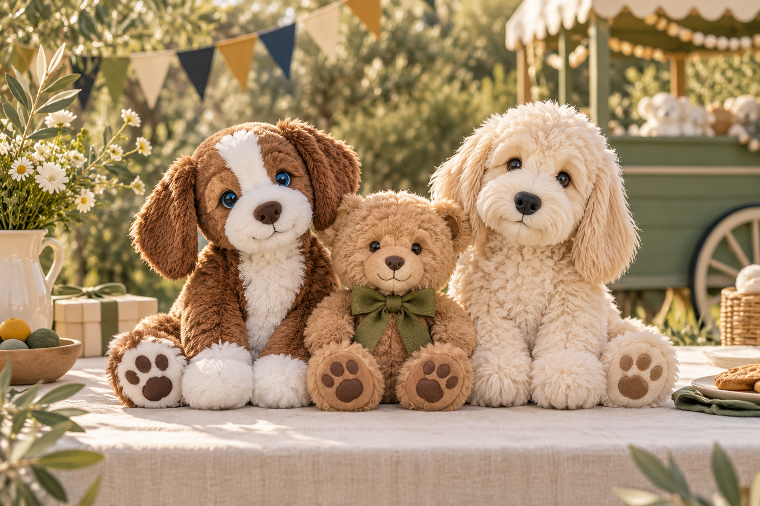 Balto, a teddy bear, and Indie ready for a sunlit plush-making party